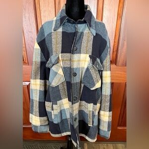 VTG 70s Sears Outerwear Mens Wool Blend Plaid Jacket Barn Chore Shacket 46 Tall